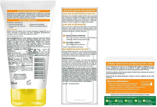 Kit Garnier Express Aclara Rutina anti manchas con Vitamina C: Sérum facial, crema hidratante y gel limpiador