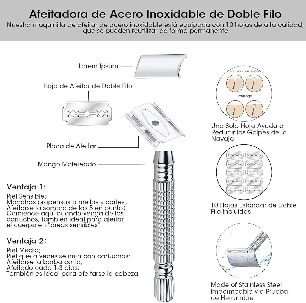 Clásico Rastrillo para Afeitar Hombre de Doble Filo con Espejo Interior