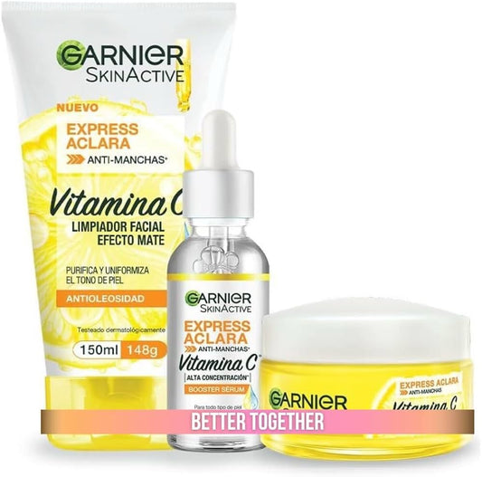 Kit Garnier Express Aclara Rutina anti manchas con Vitamina C: Sérum facial, crema hidratante y gel limpiador