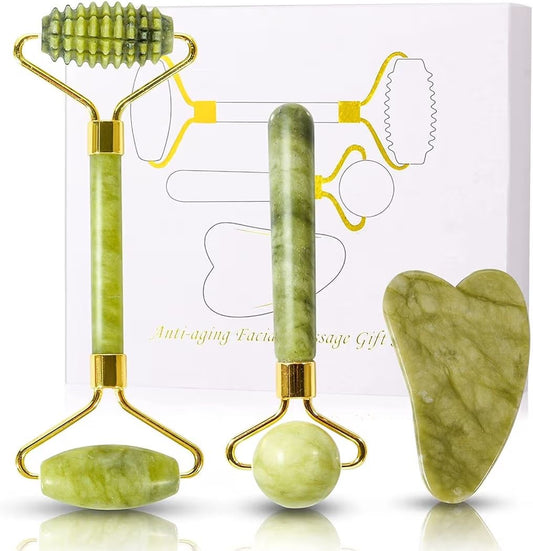 Rodillo Facial de Piedra de Jade y Gua Sha Set | Perfecto para Belleza de Cuello y Cara