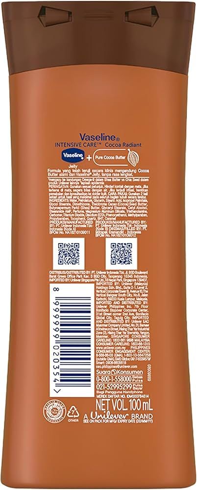 VASELINE Crema Corporal, Piel Con Aspecto Saludable y Radiante, 100 ml, Cocoa Radiant