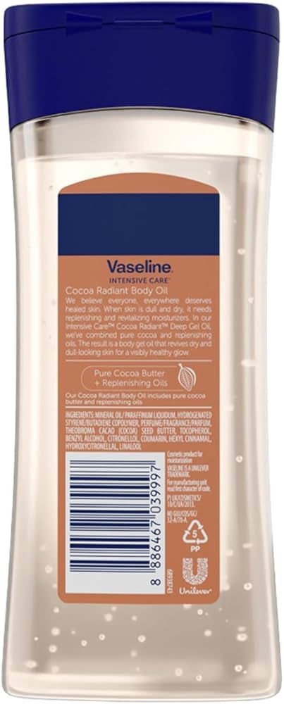 Vaseline - Aceite Corporal en Gel Cocoa Radiant (200 ml), Hidratación Profunda con Brillo Natural, Enriquecido con Cacao Puro