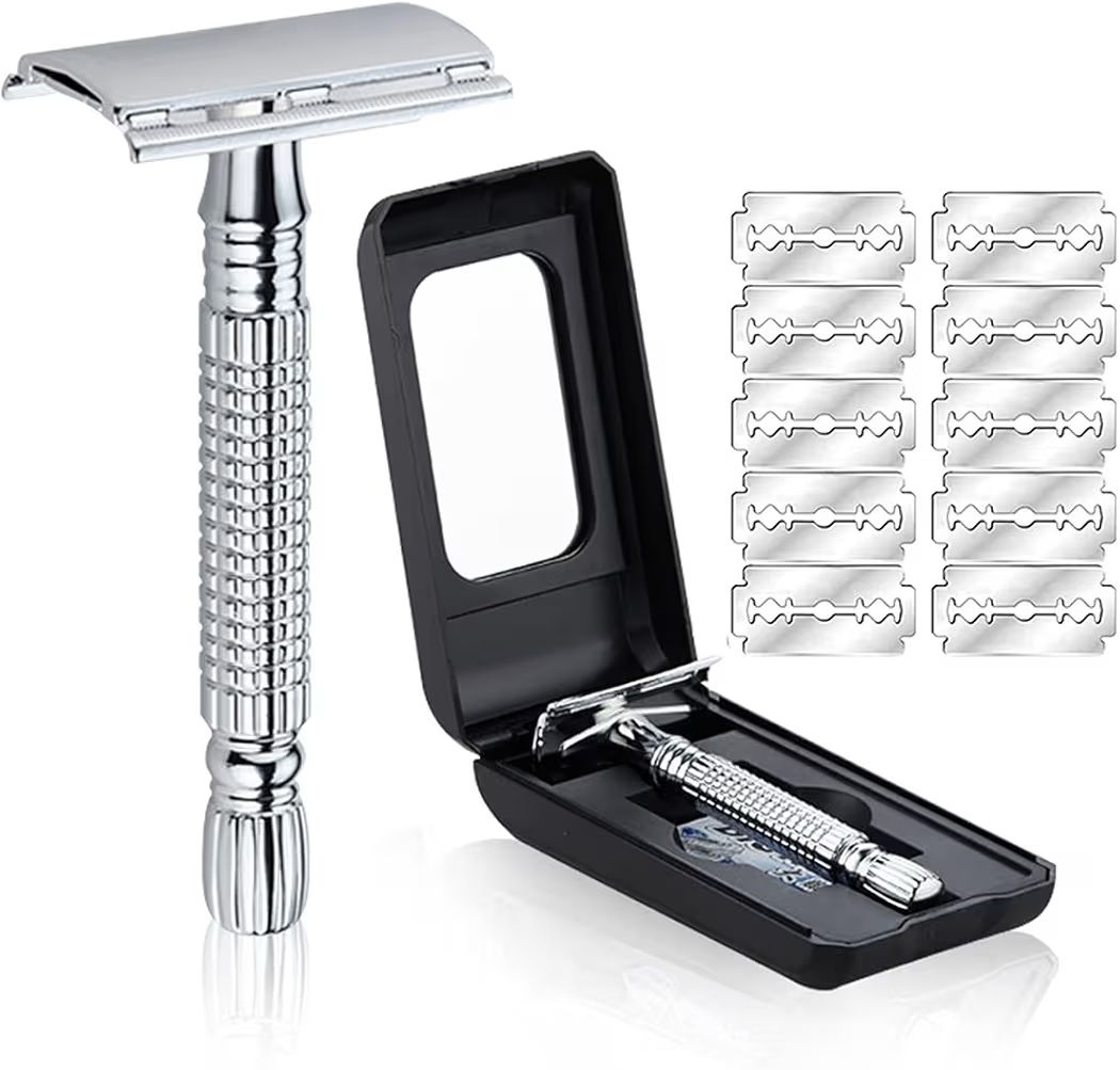 Afeitadora,Maquinilla de Afeitar,Clasica Rastrillo para Afeitar Hombre de Doble Filo con Stainless Steel Razor Shaver con Espejo Interior