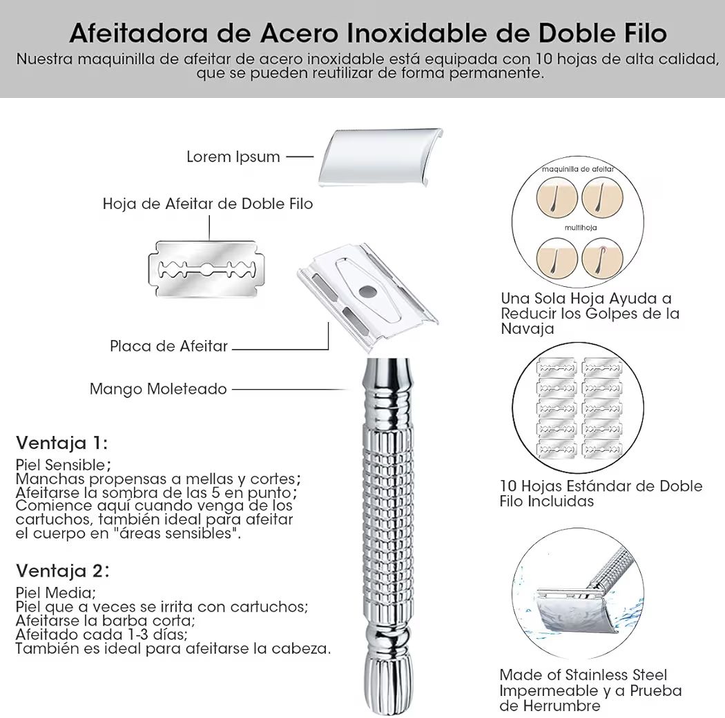 Afeitadora,Maquinilla de Afeitar,Clasica Rastrillo para Afeitar Hombre de Doble Filo con Stainless Steel Razor Shaver con Espejo Interior