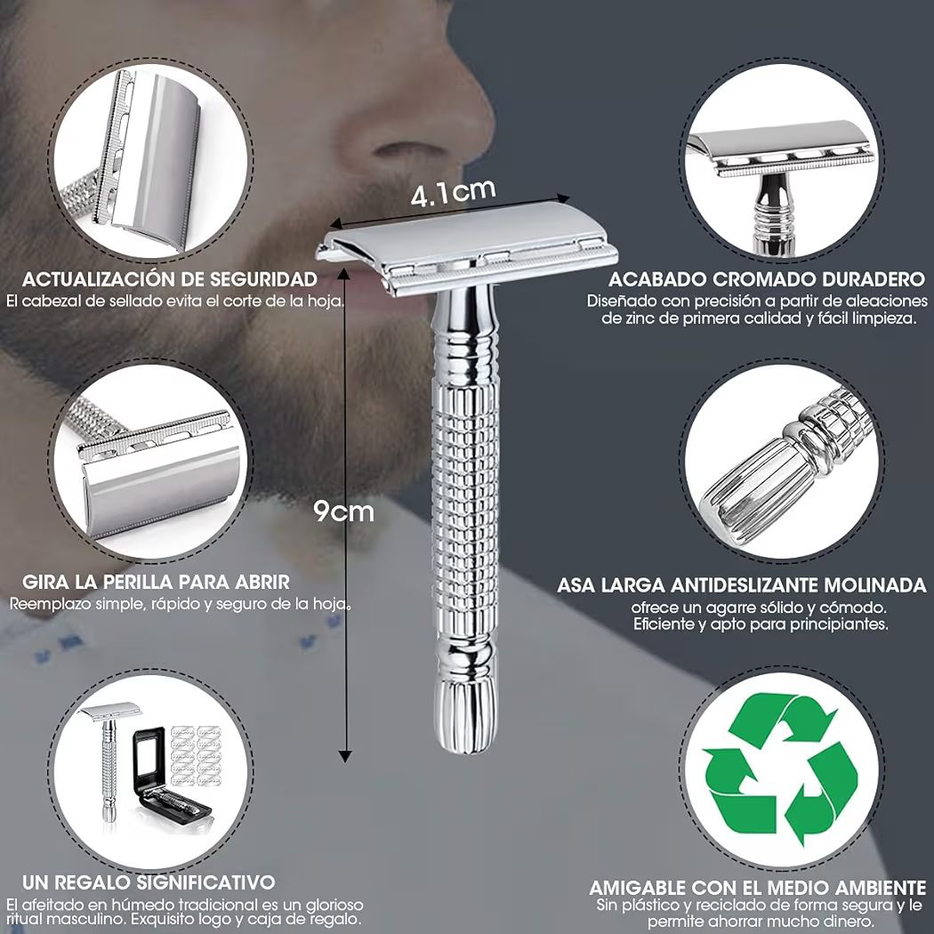 Afeitadora,Maquinilla de Afeitar,Clasica Rastrillo para Afeitar Hombre de Doble Filo con Stainless Steel Razor Shaver con Espejo Interior