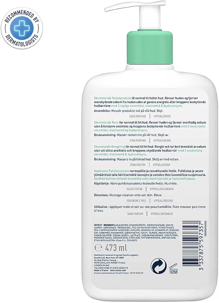 CeraVe Gel Limpiador Espumoso Diario para Piel Mixta, Grasa o con Acné 473ml