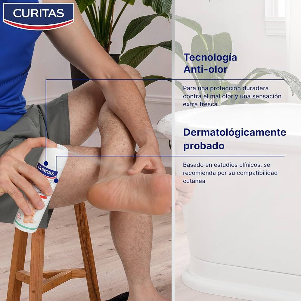 Curitas Desodorante para pies en Spray Fresh Active 2 en 1 DEO, con Octenidina que protege tus pies contra el mal olor por hasta 48 horas, 150 ml
