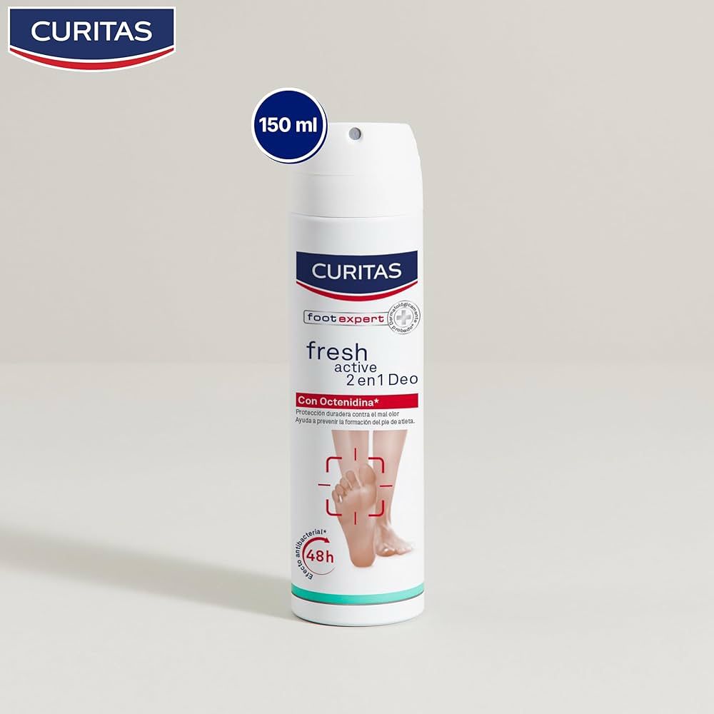 Curitas Desodorante para pies en Spray Fresh Active 2 en 1 DEO, con Octenidina que protege tus pies contra el mal olor por hasta 48 horas, 150 ml