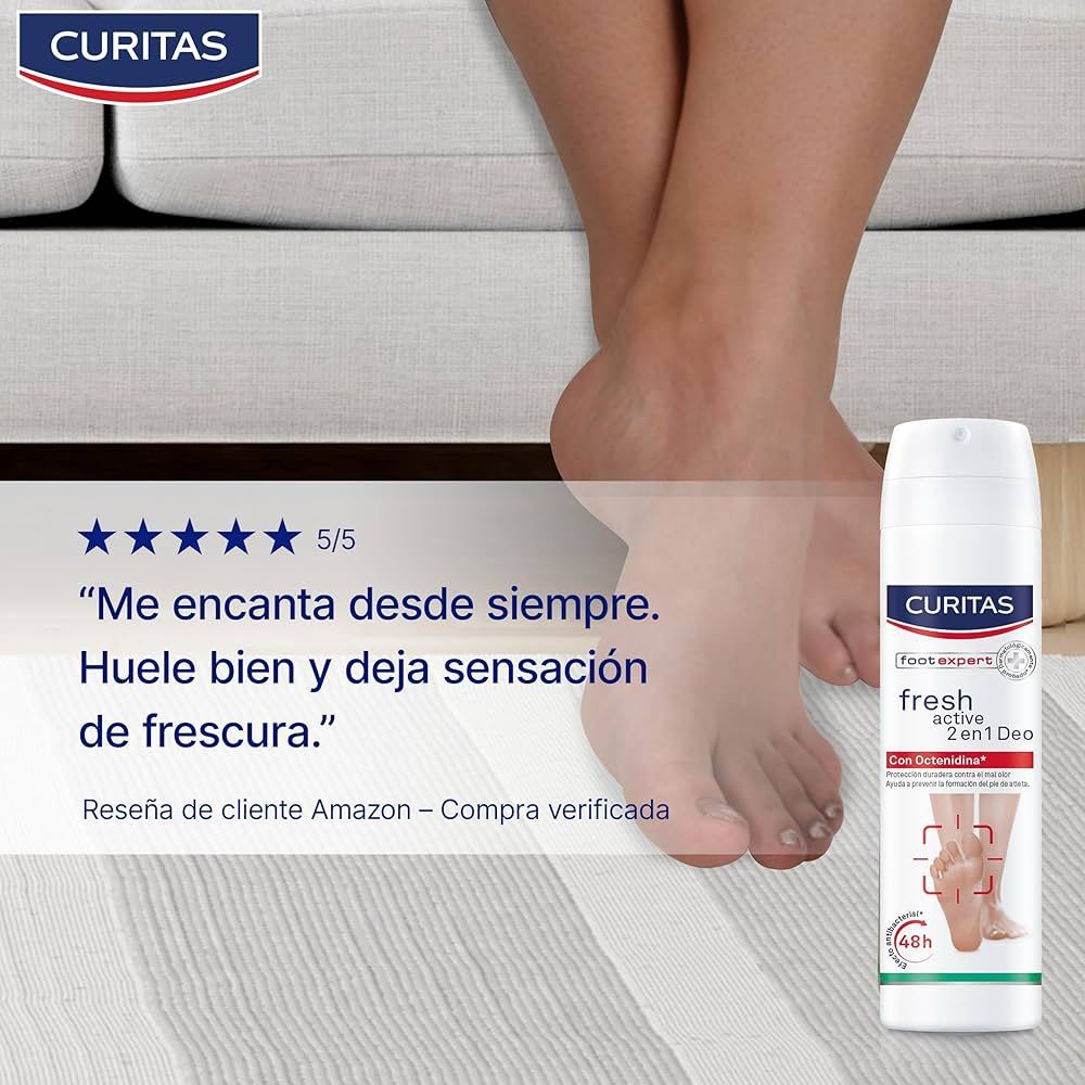 Curitas Desodorante para pies en Spray Fresh Active 2 en 1 DEO, con Octenidina que protege tus pies contra el mal olor por hasta 48 horas, 150 ml
