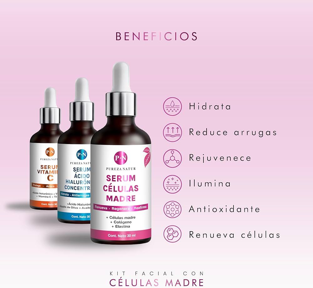 Serum facial Acido Hialurónico, Vitamina C y Células Madre anti edad | Hidratación y rejuvenecimiento (Kit AH + Celulas madre + Vit C)
